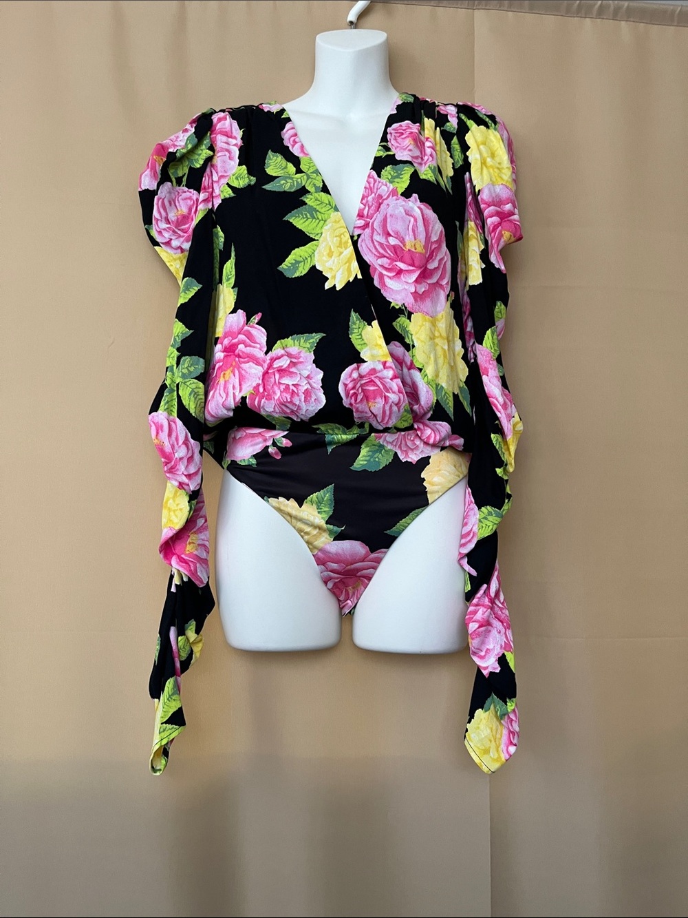 AFRM Black Floral Long Sleeve Wrap Bodysuit with Pink & Yellow Roses